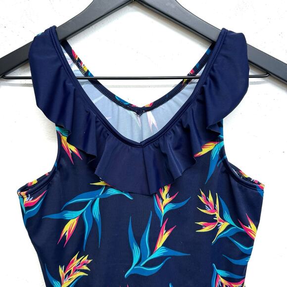 LANDS' END young girls tankini top size 14+ bathing suit top blue floral - Picture 2 of 7